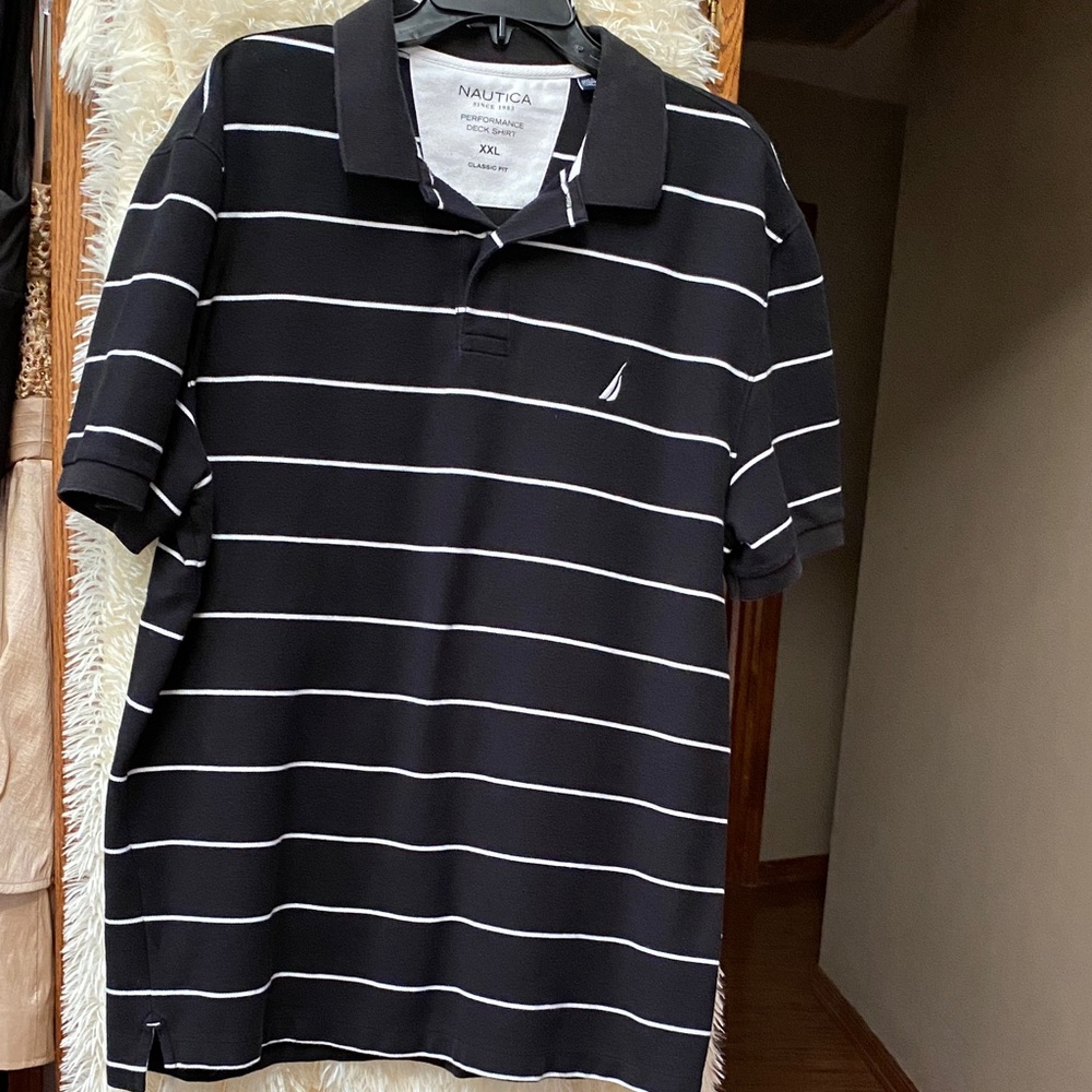 Nautica Men’s Performance Black/White Striped Classic Fit Deck Shirt. Size XXL
